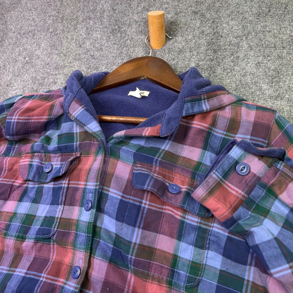 L.L. Bean Flannel Shirt Jacket Womens M Purple Plaid Fleece Lined Hooded 0632